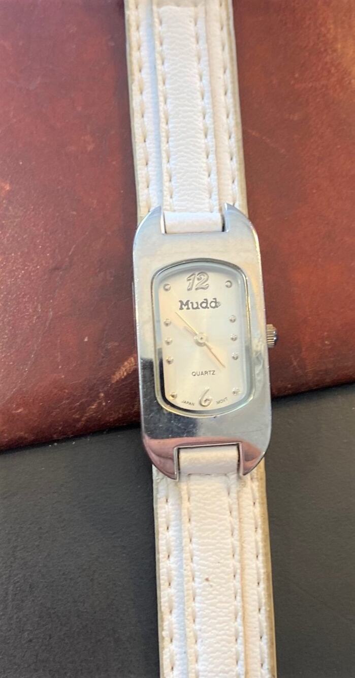 VTG Women's Mudd Watch, Silver Tone, White Leather Band